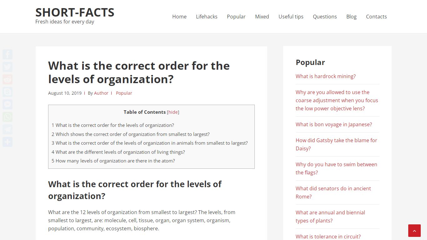 What is the correct order for the levels of organization?