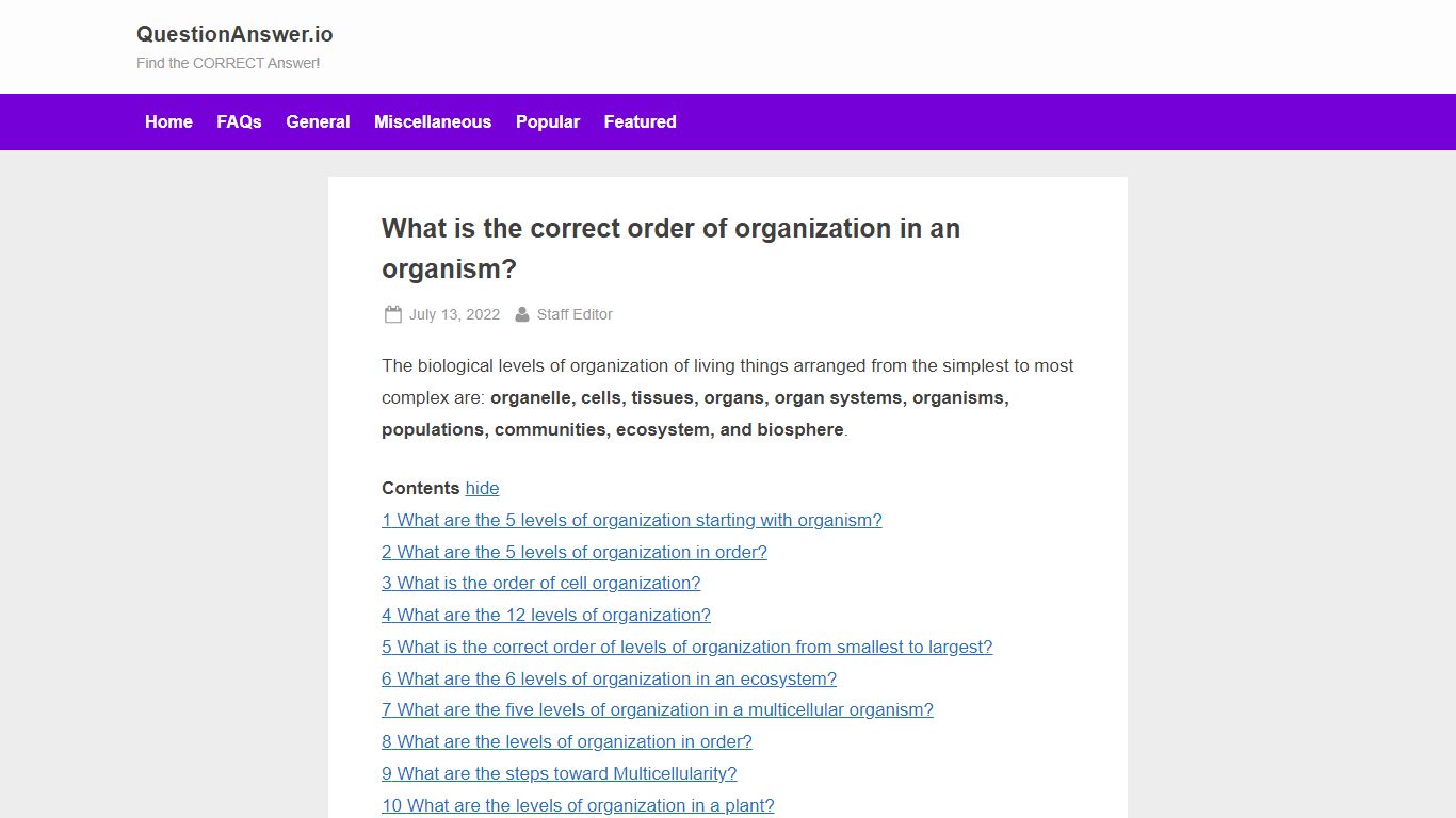 What is the correct order of organization in an organism?