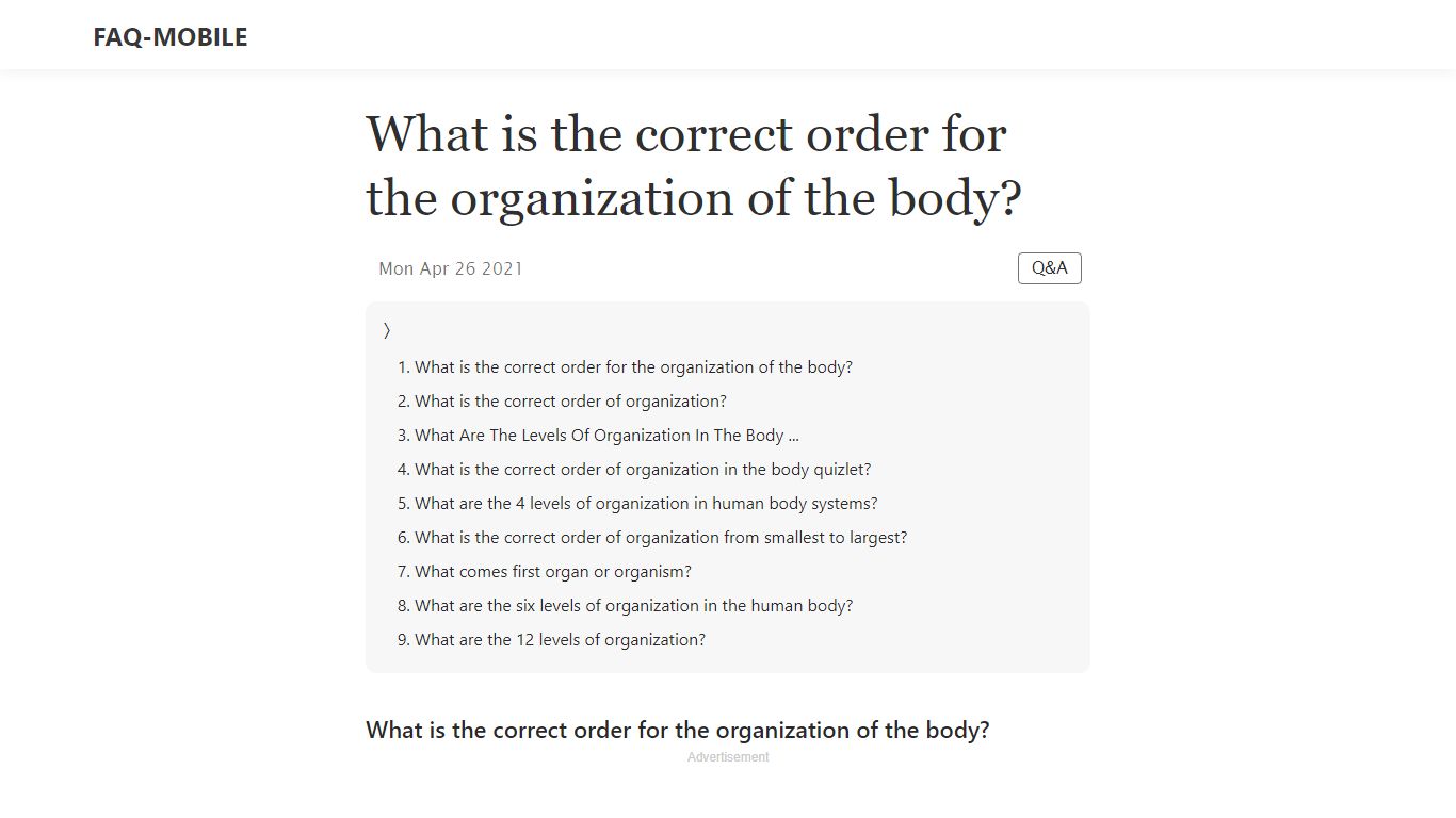What is the correct order for the organization of the body?